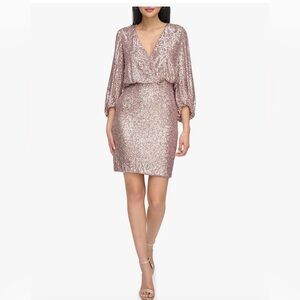 Eliza J NWT Rose Mauve Sequin Mini Blouson Dress with Balloon Sleeves- Size 6